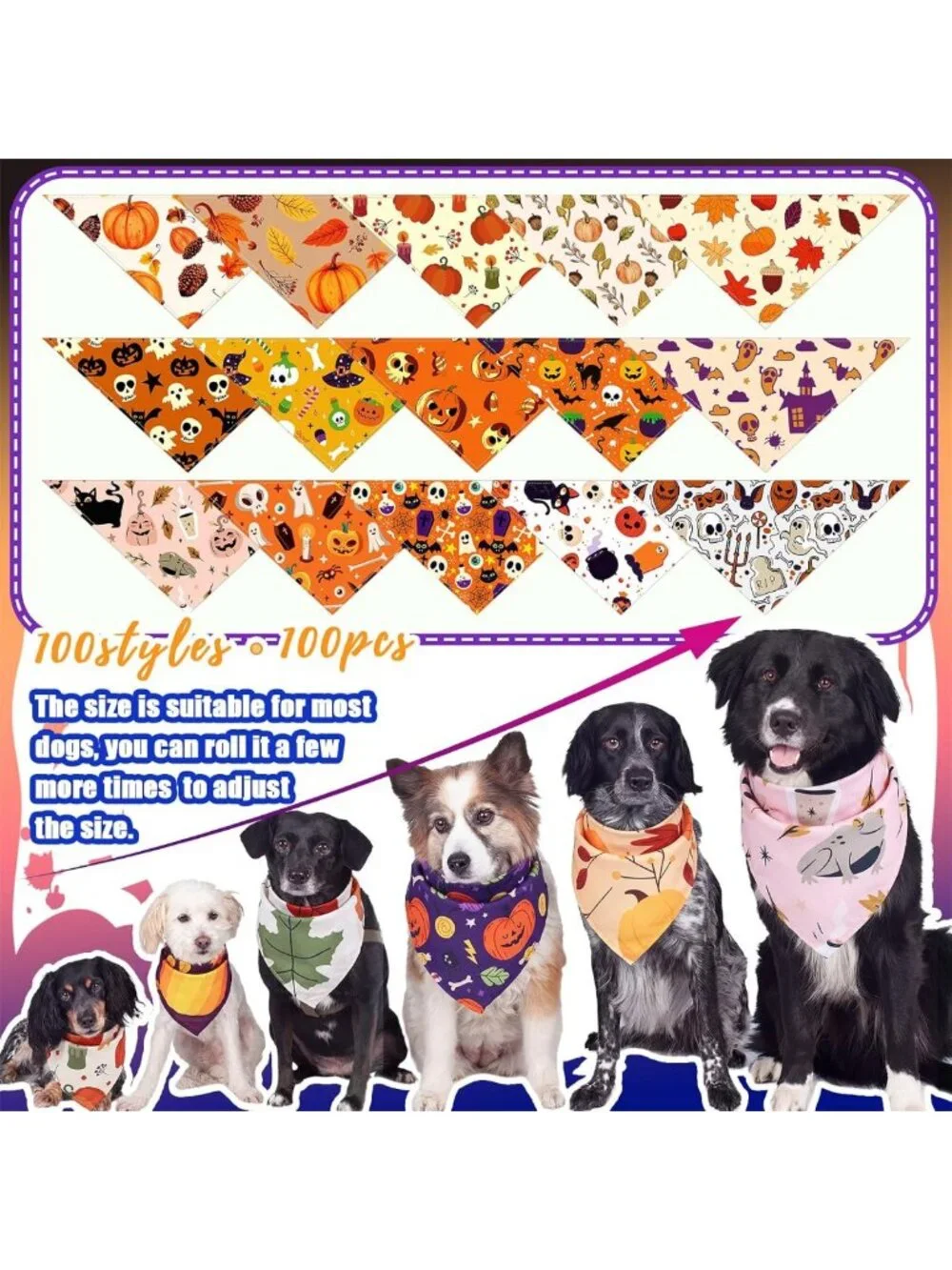 150 Pcs Halloween Dog Bandanas | Bulk for Medium & Large Dogs | Festive Pet